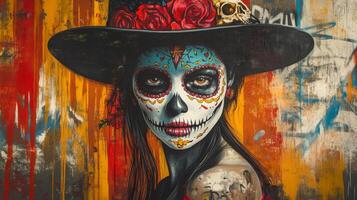 A Portrait of a Woman with a Sugar Skull Makeup and a Wide-Brimmed Hat photo