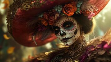 A Woman in a Red and Gold Sombrero with Day of the Dead Makeup photo