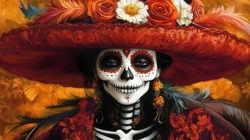 A Woman in a Red Hat with Day of the Dead Makeup photo