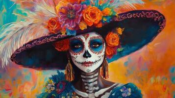 A Portrait of a Woman in a Skull-Painted Face and a Wide-Brimmed Hat Adorned with Flowers photo