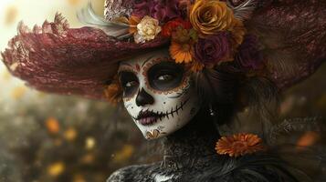 A Woman in a Red Hat with Flowers and Sugar Skull Makeup photo