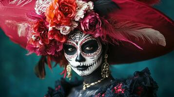 A Woman Dressed in Day of the Dead Makeup and a Red Hat with Feathers photo