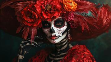 Woman with Skeleton Makeup Wearing Red Feathers and Flowers photo