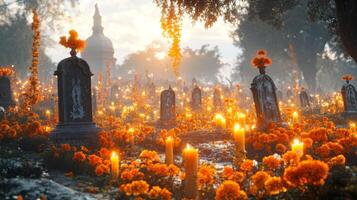 Cemetery Decorated with Marigolds and Candles for Dia de los Muertos photo