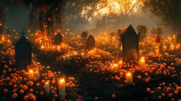 A Cemetery Filled with Marigolds and Candles at Dusk photo