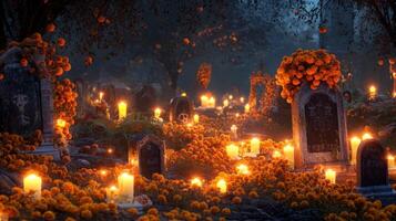 A Cemetery Decorated with Marigolds and Candles for Da de Muertos photo