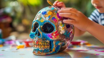 Child Painting a Glitter-Covered Skull with Colorful Paint photo