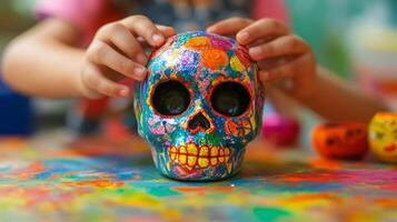 Child's Hands Holding a Colorful Decorated Sugar Skull photo