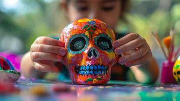 A child's hands holding a colorful, glittery sugar skull photo