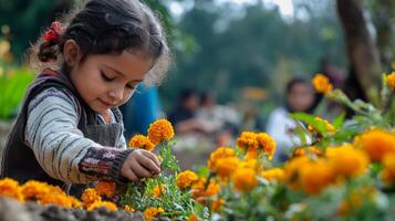A Young Girl Examining Yellow Flowers photo