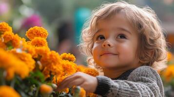 A Young Child Gazing at Flowers with a Gentle Smile photo