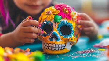 Child Decorating a Sugar Skull with Glitter and a Brush photo