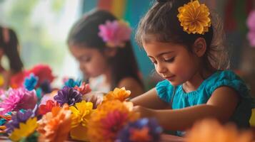 Young Girl Making Paper Flowers with a Focused Expression photo