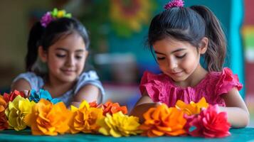 Two Young Girls Making Paper Flowers photo