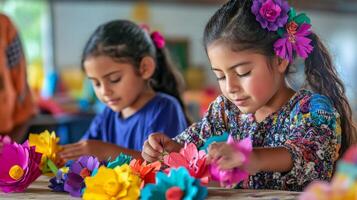 Two Young Girls Making Colorful Paper Flowers photo