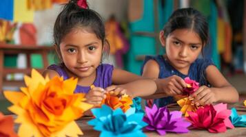 Two Young Girls Creating Colorful Paper Flowers photo