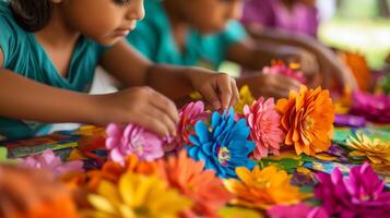 A Girl Arranging Paper Flowers on a Colorful Tablecloth photo