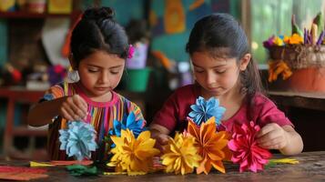 Two Young Girls Making Paper Flowers photo
