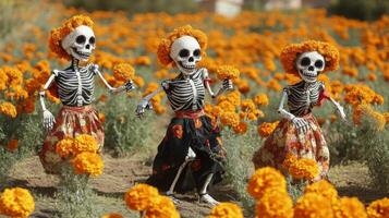 Three Skeleton Figures in a Field of Marigolds photo