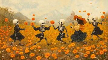 Skeletons Dancing in a Marigold Field photo