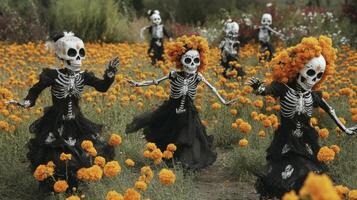 Skeleton Figures Dressed in Black Walking Through Marigold Field photo
