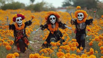 Three Children Dressed as Skeletons in a Field of Marigolds photo