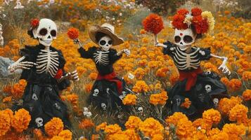 Three Skeletons Dressed in Black Celebrate with Marigolds photo