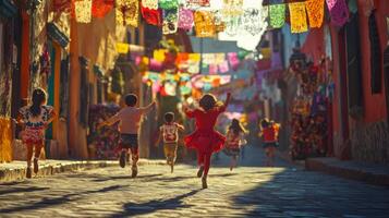 Children Running Through Colorful Decorated Street in Mexico photo