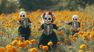 Three Children in Skeleton Costumes Walking Through a Field of Marigolds photo