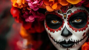 Close-up of a Woman's Eye with Day of the Dead Makeup and Flower Crown photo
