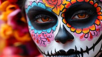 Close-up of a Woman with Colorful Skull Makeup for Day of the Dead photo
