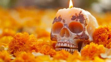 A Burning Skull Candle Surrounded by Marigold Petals photo