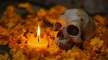 Human Skull Resting on a Bed of Yellow Marigold Petals with a Lit Candle photo
