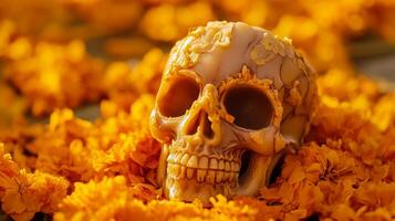 Human Skull Surrounded by Marigold Petals photo