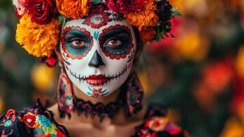 Woman with Day of the Dead Makeup and Floral Headband photo