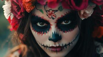 Close-up Portrait of a Woman with Sugar Skull Makeup and a Floral Headband photo