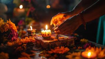 Hands Lighting Candles and Incense in a Ritual Setting photo