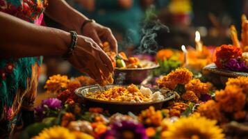 Woman Offering Food to Deity Amidst Flowers and Incense photo