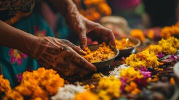 Woman's Hand Placing Offering in Bowl Amidst Yellow Flowers photo