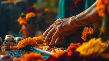 A Hand Placing Marigold Petals on an Offering for Da de Muertos photo