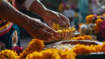 Hands Offering Food with Yellow Flowers in the Foreground photo