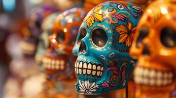 Close-up of a brightly colored painted sugar skull photo