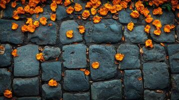 Orange Flower Petals Scattered on a Stone Path photo