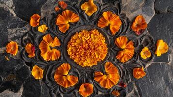Orange Flower Petals Arranged in a Circular Pattern on Black Stone photo