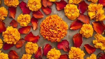 Orange and Red Flowers and Petals Scattered on a Grey Surface photo