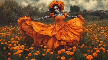 A Woman in a Day of the Dead Costume Standing in a Field of Marigolds photo