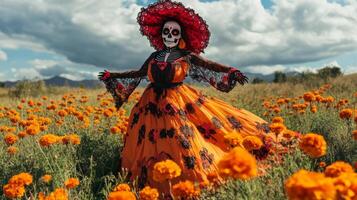 A Woman in a Day of the Dead Costume Stands in a Field of Marigolds photo