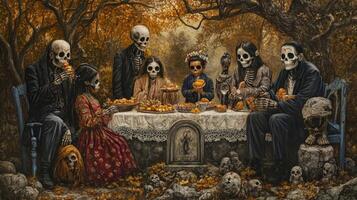 Skeletons Gathering for a Feast in an Autumnal Forest photo