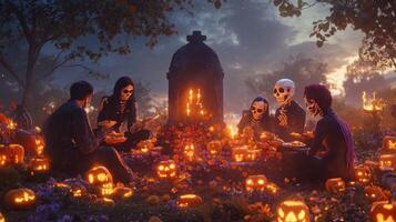 Skeletons Gather Around a Tomb in a Cemetery at Night photo