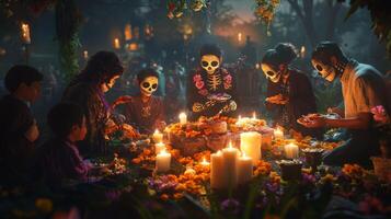 A Family Celebrates Da de Muertos with Candles and Sugar Skulls photo